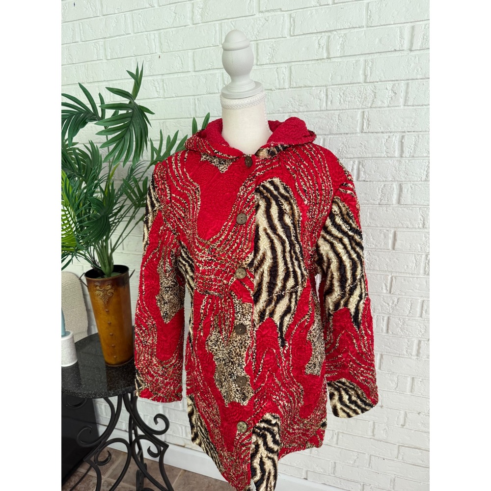 ABC Collection Hooded Jacket Women Size S Red Excellent‎ Animal Print Crinkle
